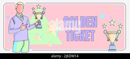 Inspiration showing sign Golden Ticket. Concept meaning Rain Check Access VIP Passport Box Office Seat Event Man pointing finger holding trophy Stock Photo