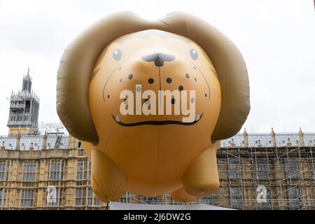 April 27, 2022, London, United Kingdom: A balloon depicting a lion flies over Parliament Square during a protest in College Green. Animal rights activists erected two large inflatable balloons in the shape of a lion and an elephant in support of the Animal Protection Bill that is currently before Parliament. The bill would ban the imports of Foie Gras as well as hunting trophies, and the promotion of elephant tourist rides overseas (Credit Image: © Tejas Sandhu/SOPA Images via ZUMA Press Wire) Stock Photo