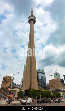 Toronto, Canada - August 26, 2021: The Canadian National tower or CN tower in the Canadian metropolis, landmark of Ontario city.  A concrete communica Stock Photo