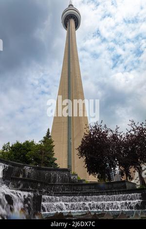 Toronto, Canada - August 26, 2021: The Canadian National tower or CN tower in the Canadian metropolis, landmark of Ontario city.  A concrete communica Stock Photo