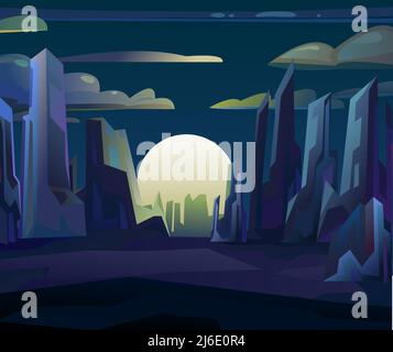 Rocks cliffs landscape. Big moon. Night scenery in mountains. Cartoon flat style. Dark twilight and dusk. Vector. Stock Vector