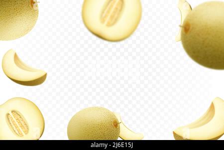Falling melons fruit isolated on transparent background. Blurred and realistic melon slices. Vector seamless pattern for advertising. Realistic half, Stock Vector