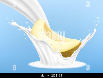 Yogurt milk splash with ripe yellow honeydew melon cut piece fruit, isolated on white background, dairy drink with spray and drops. Realistic 3d vecto Stock Vector