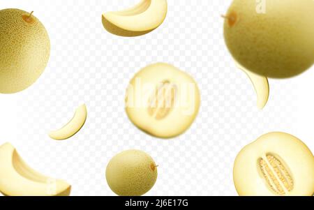 Falling melons fruit isolated on transparent background. Blurred and realistic melon slices. Vector seamless pattern for advertising. Realistic half, Stock Vector