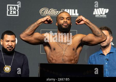 April 29, 2022, New York, New York, United States: Chordale Booker seen during weigh-in ceremony for WBA continental Americas middleweight title against Austin Williams at Hulu Theater at MSG. This bout before Katie Taylor and Amanda Serrano will fight for World Lightweight Title and that will be the first women's boxing fight to headline Madison Square Garden in history. (Credit Image: © Lev Radin/Pacific Press via ZUMA Press Wire) Stock Photo