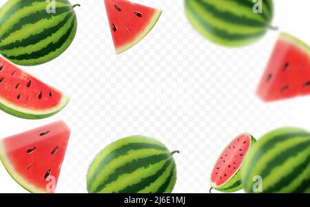Falling watermelon fruit on transparent background. Blurred and realistic watermelon slices and geen leaves for advertising. Stock Vector