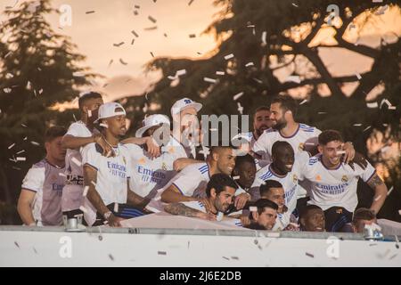 April 30, 2022, Madrid, Madrid, Spain: Real Madrid has been proclaimed champion of the League this Saturday after defeating Real Club Deportivo Espanyol by four goals to nil. The goals from Rodrygo, twice, Marco Asensio and Karim Benzema were enough to defeat the parakeet team and achieve the long-awaited domestic trophy. This is league number 35 in the history of the white team. Thus, the madridista team wins the fourth league title of the last decade and the second title of the year, which joins the Spanish Super Cup won in Arabia and which could be accompanied by the Champions League if it Stock Photo