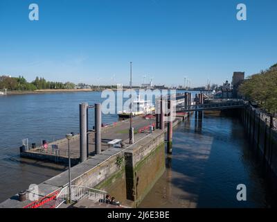 Antwerp, Belgium, April 17, 2022, connection with ferry and ferry service between left and right bank Sint-Anna and Steenplein Stock Photo