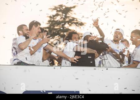 April 30, 2022, Madrid, Madrid, Spain: Real Madrid has been proclaimed champion of the League this Saturday after defeating Real Club Deportivo Espanyol by four goals to nil. The goals from Rodrygo, twice, Marco Asensio and Karim Benzema were enough to defeat the parakeet team and achieve the long-awaited domestic trophy. This is league number 35 in the history of the white team. Thus, the madridista team wins the fourth league title of the last decade and the second title of the year, which joins the Spanish Super Cup won in Arabia and which could be accompanied by the Champions League if it Stock Photo