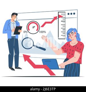 Data analysis and business statistics, business analytics and company performance KPI concept, flat vector illustration isolated on white background f Stock Vector