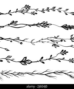 Vector set of monochrome seamless herb borders. Brush set of black silhouette twigs and flowers isolated from the background. Natural elements Stock Vector