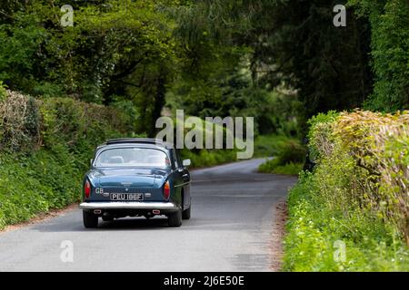 Various marques taking part in the classic cars springtime Rotary Club charity 'Wye Run' through Wales and the Wye Valley. Stock Photo