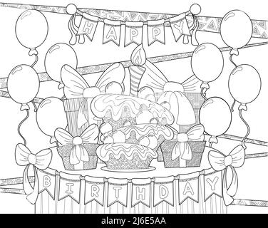 Happy birthday coloring page. Coloring poster in doodle style. Stock Vector