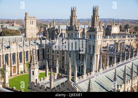 All Souls College, Oxford, England, as seen from University Church of St Mary the Virgin. Stock Photo