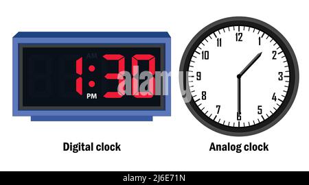 Digital clock and analog clock time 01.30, vector Stock Vector