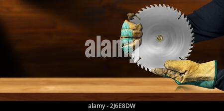 Carpenter with protective work gloves holding a metal circular saw blade, in motion, above an empty wooden workbench with copy space. Stock Photo