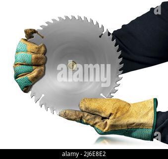 Carpenter with protective work gloves holding a metal circular saw blade, in motion, isolated on white background. Stock Photo