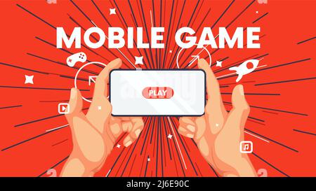 Business background with human hand and phone, playing video games on smartphone, mobile application vector concept marketing Stock Vector