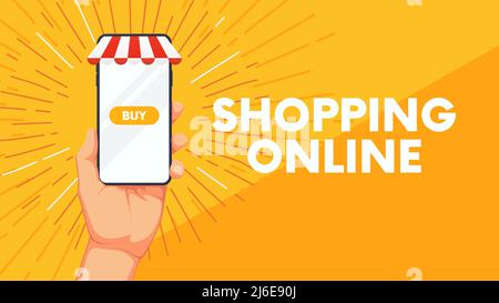 Business background with human hand and phone, shopping online mobile application vector concept marketing Stock Vector