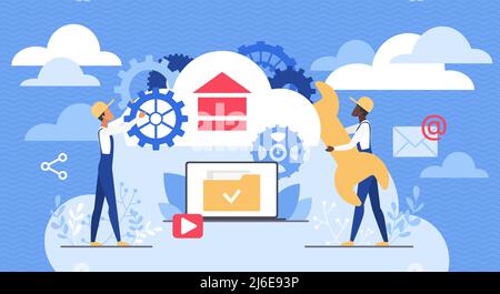 Cloud service, data storage. Tiny tech team of admins engineers with tools to connect web infrastructure, database server and network support flat vector illustration. Online cloud, software concept Stock Vector