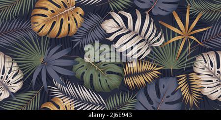 Seamless multicolored pattern with exotic tropical plants, monstera leaves and palm trees, Exotic botany composition in trendy contemporary collage st Stock Vector