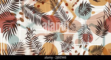 Seamless pattern compositions with geometric shapes and exotic tropical leaves in pastel colors, vector illustration Stock Vector