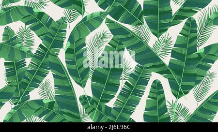 Seamless pattern with bright green leaves of banana palm and tropical plants on a light background, trendy exotic vector composition Stock Vector