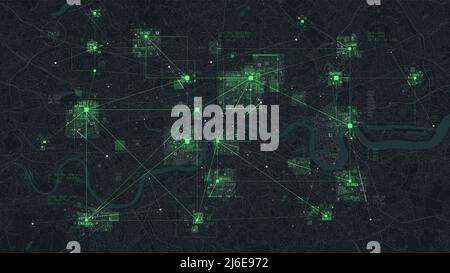 Futuristic technology and network connection concept, big smart city virtual database, digital visualization of big data on London map background Stock Vector