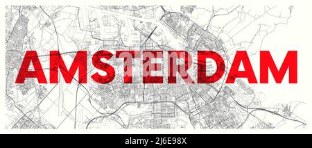 City map Amsterdam, detailed road plan widescreen vector poster Stock Vector