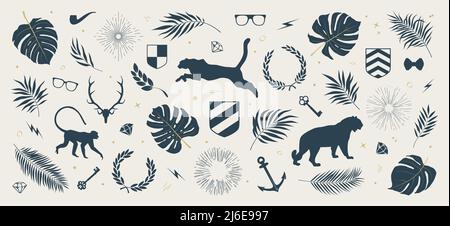 Collection of silhouettes of tropical leaves and plants, jungle animals, sun rays and wreaths, other decorative elements, composition from vector illu Stock Vector
