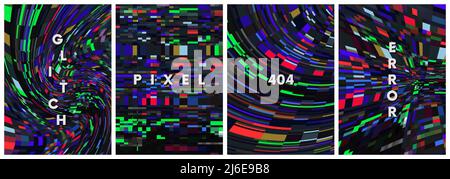 Set of bright vector abstract backgrounds, distortion of many square shapes, glitch effect Stock Vector