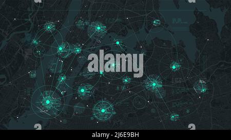 Futuristic technology and network connection concept, big smart city virtual database, digital visualization of big data on New York map background, v Stock Vector