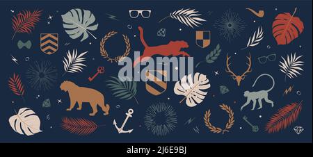 Collection of colored silhouettes of panther, jungle monkey, tropical leaves and plants, sun rays and wreaths, other decorative elements, composition Stock Vector