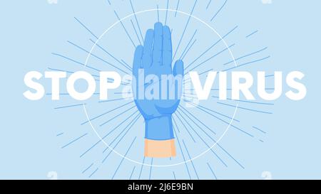 Gesture human hand against the background of the sunburst, medical concept, vector poster with the slogan stop virus Stock Vector