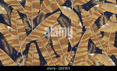 Seamless pattern with golden leaves of banana palm on a dark background, composition of tropical plants can be used cover design, wall art, brochure, Stock Vector