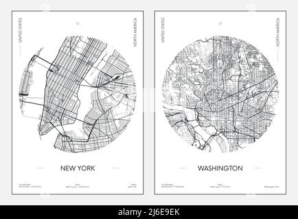 Travel poster, urban street plan city map New York and Washington, vector illustration Stock Vector