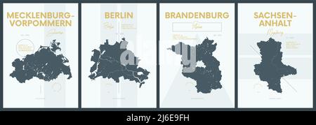 Vector posters with highly detailed silhouettes maps states of Germany - Mecklenburg-Vorpommern, Berlin, Brandenburg, Sachsen-Anhalt - set 2 of 4 Stock Vector
