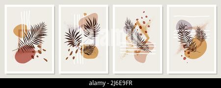 Collection of compositions with geometric shapes and exotic tropical leaves in pastel colors, trendy minimalistic vector posters, for wall decoration Stock Vector
