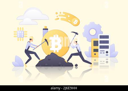 Cryptocurrency, data mining system. Tiny people work with software on servers, hardware and network, mine and trade crypto currency flat vector illustration. Blockchain, virtual money concept Stock Vector