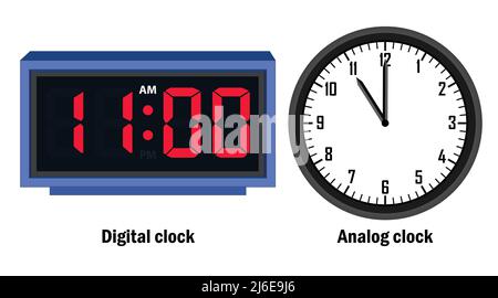Digital clock and analog clock time 11.00, vector Stock Vector