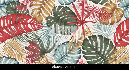 Seamless pattern with colorful leaves, branches and various plants from the tropics and jungle on a light background, composition in trendy contempora Stock Vector