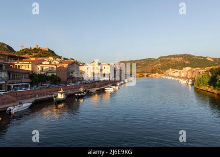 Picturesque Bosa - the river Temo surrounded by the colourful houses of the old town and overlooked by Malaspina Castle, Planargia, Sardinia Stock Photo
