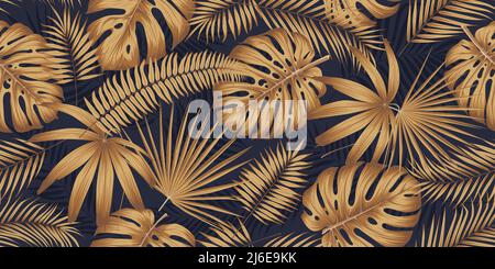 Seamless pattern with golden leaves monsters and tropical plants on a dark background, Exotic botany design collage style, luxury vector template Stock Vector