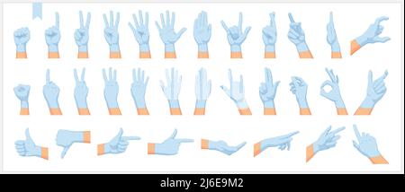 Set of realistic human hands, signs and gestures, in protective blue gloves isolated vector Illustrations on a white background Stock Vector