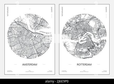 Travel poster, urban street plan city map Amsterdam and Rotterdam, vector illustration Stock Vector