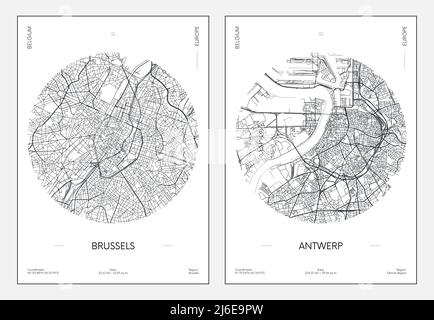 Travel poster, urban street plan city map Brussels and Antwerp, vector illustration Stock Vector