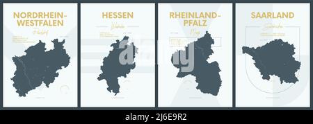 Vector posters with highly detailed silhouettes maps states of Germany - Nordrhein-Westfalen, Hessen, Rheinland-Pfalz, Saarland - set 3 of 4 Stock Vector