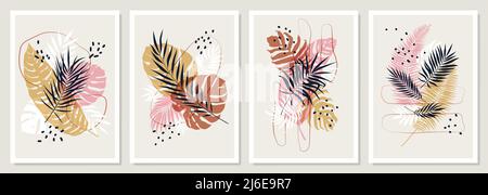 Pastel compositions from colored tropical leaves and branches, Decorative vector trendy posters botanical collage, for print, cover, wallpaper, minima Stock Vector