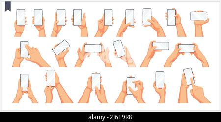 Set of realistic human hands, gestures and movement with the phone, isolated vector illustrations on a white background Stock Vector