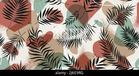 Seamless pattern with geometric shapes and exotic tropical leaves in pastel colors, trendy minimalistic vector background Stock Vector